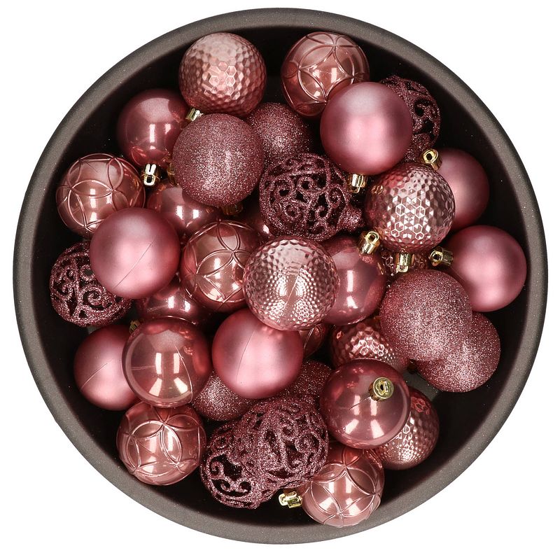 Foto van 37x stuks kunststof kerstballen oudroze (velvet pink) 6 cm glans/mat/glitter mix - kerstbal