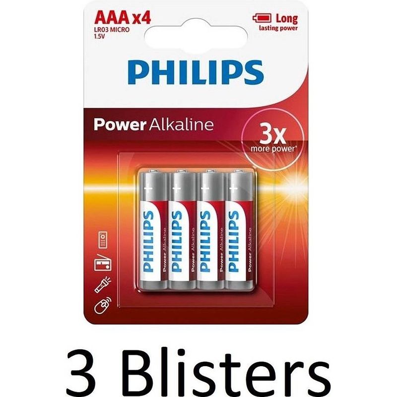 Foto van 12 stuks (3 blisters a 4 st) philips power alkaline aaa