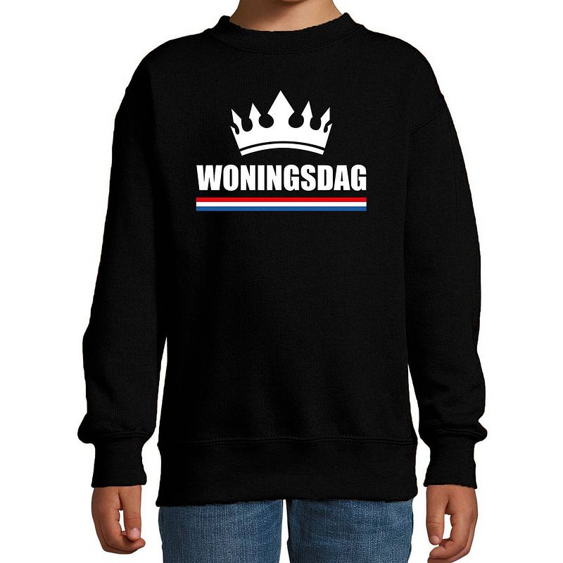 Foto van Woningsdag sweaters / trui voor thuisblijvers tijdens koningsdag zwart kinderen 7-8 jaar (122/128) - feesttruien