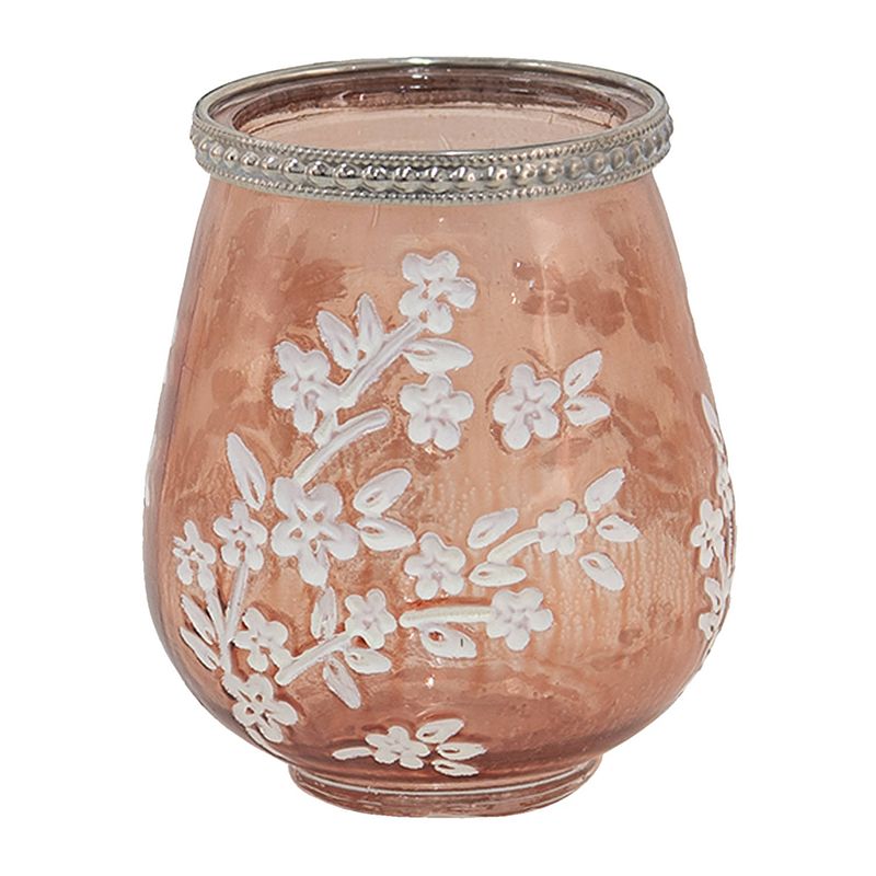 Foto van Clayre & eef glazen theelichthouder ø 9*10 cm wit, roze glas, metaal rond bloemen waxinelichthouder windlichthouder