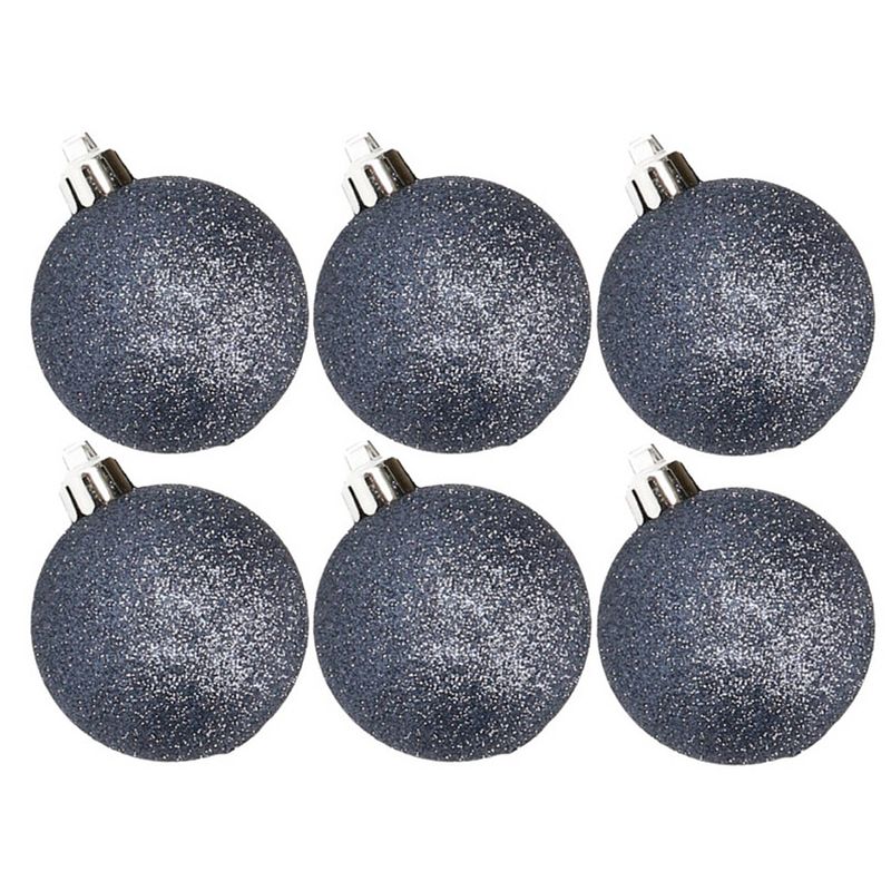 Foto van 6x stuks kunststof glitter kerstballen donkerblauw 8 cm - kerstbal