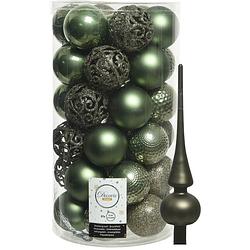 Foto van 37x stuks kunststof kerstballen 6 cm incl. matte glazen piek mosgroen - kerstbal