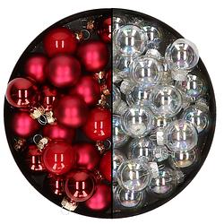 Foto van Mini kerstballen - 48x- transparant parelmoer/rood - 2,5 cm - glas - kerstbal