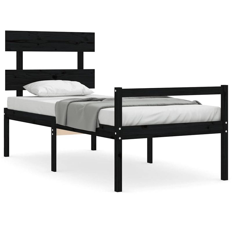 Foto van The living store bedframe massief grenenhout - zwart - 205.5 x 105.5 x 81 cm - multiplex lattenbodem