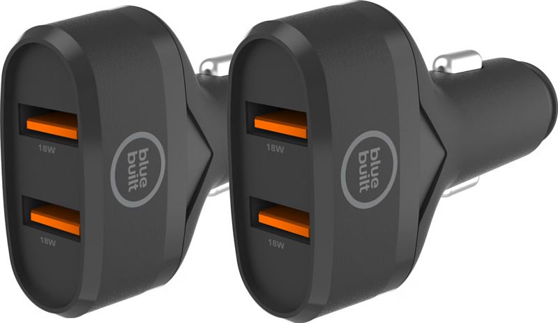 Foto van Bluebuilt quick charge autolader met 2 usb a poorten 18w zwart duo pack