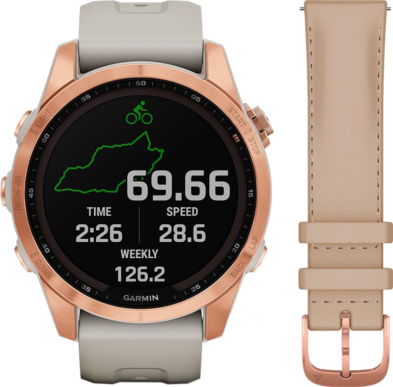 Foto van Garmin fenix 7s solar roségoud 42mm + garmin leren bandje crème 20mm