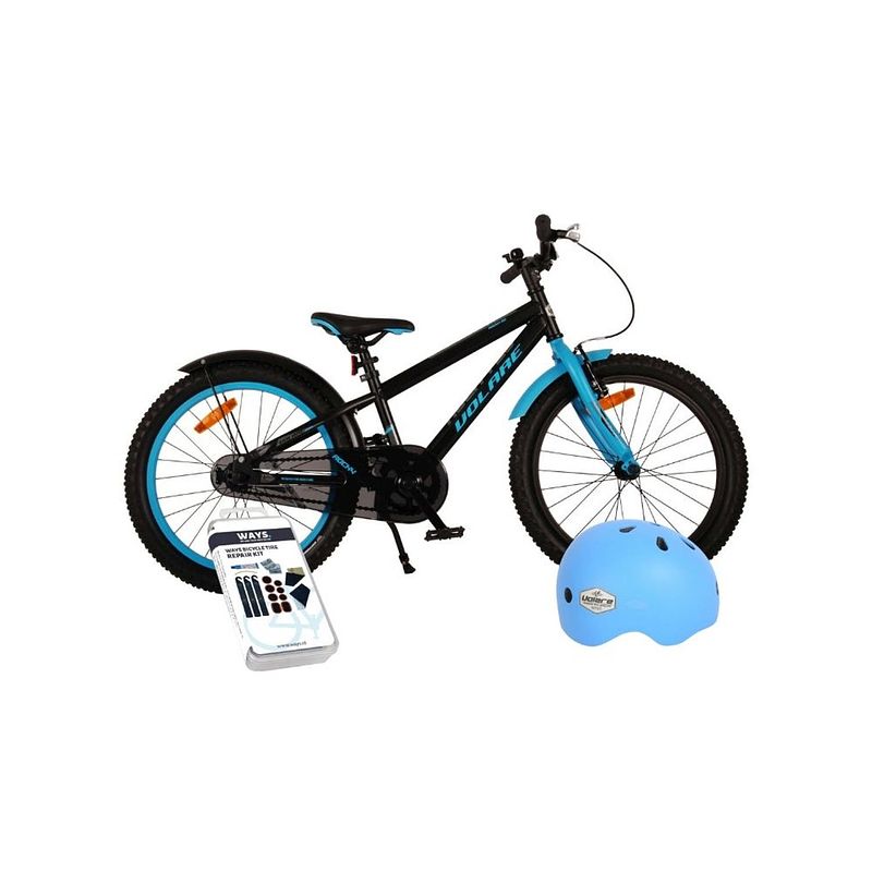 Foto van Volare kinderfiets rocky - 20 inch - zwart/blauw - inclusief fietshelm & accessoires