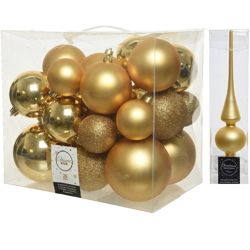 Foto van Kerstversiering kunststof kerstballen met piek goud 6-8-10 cm pakket van 27x stuks - kerstbal