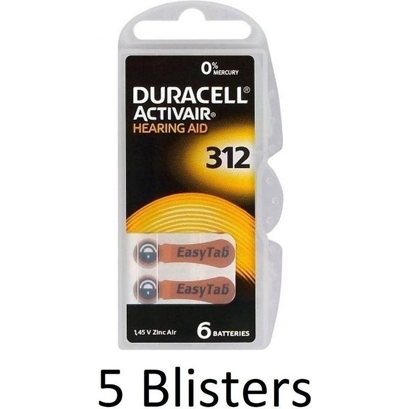 Foto van 30 stuks (5 blisters a 6 st) duracell da312 hoorapparaat batterij