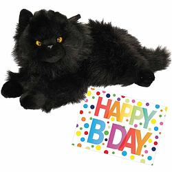 Foto van Pluche knuffel kat/poes zwart 30 cm met a5-size happy birthday wenskaart - knuffel huisdieren