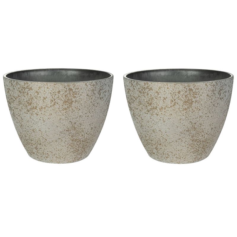 Foto van Bloempot/plantenpot - 2x - buiten - beige/goud - d13 en h12 cm - kunststof/steenmix - plantenpotten