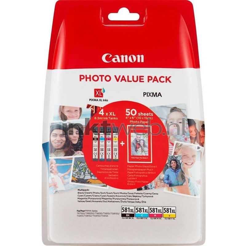 Foto van Canon cli-581xl 4-pack met fotopapier zwart en kleur cartridge