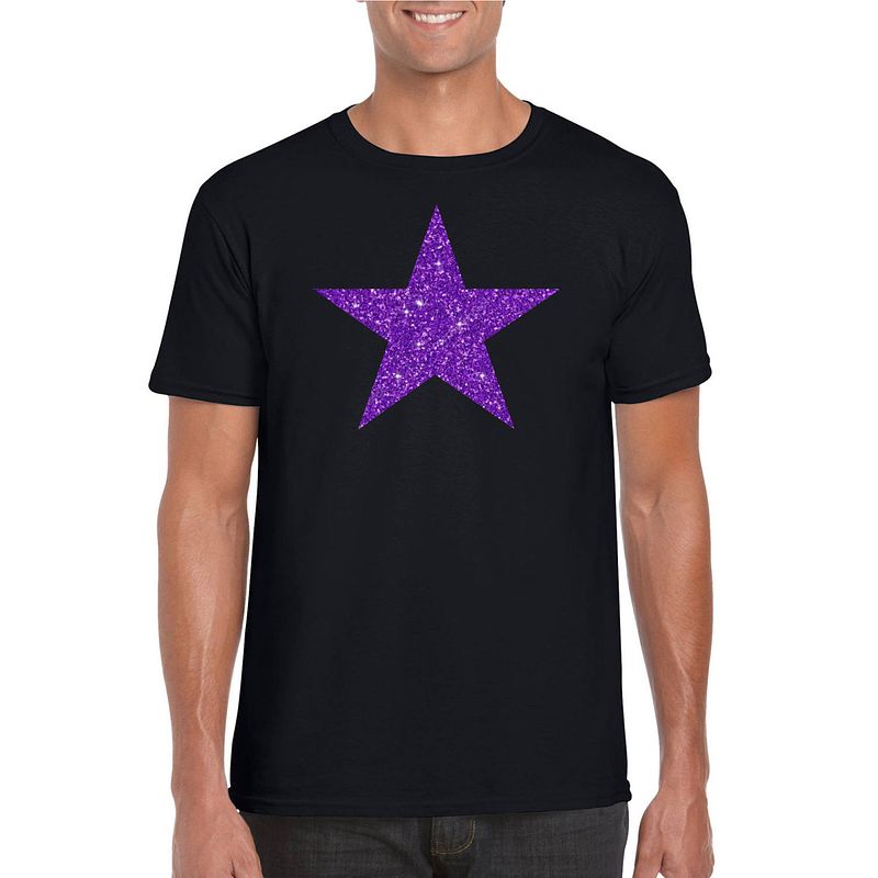 Foto van Toppers zwart t-shirt ster met paarse glitters heren xl - feestshirts
