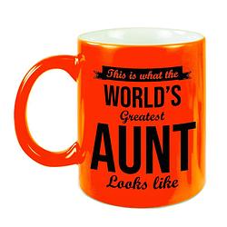 Foto van Worlds greatest aunt / tante cadeau koffiemok / theebeker neon oranje 330 ml - feest mokken