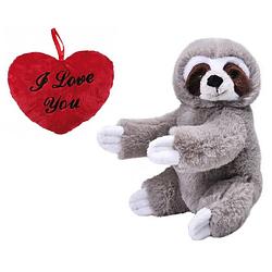 Foto van Valentijn love cadeau set - knuffel luiaard met rood love you hartje 10 cm - knuffeldier