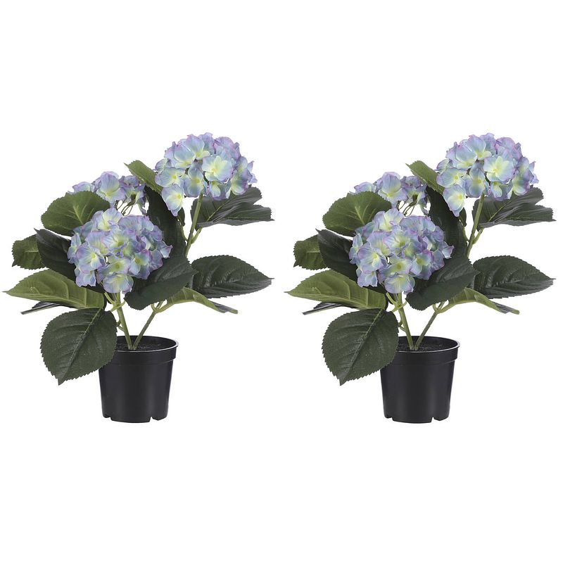 Foto van 2x stuks creme blauwe hydrangea/hortensia kunstplant 32 cm in pot - kunstplanten