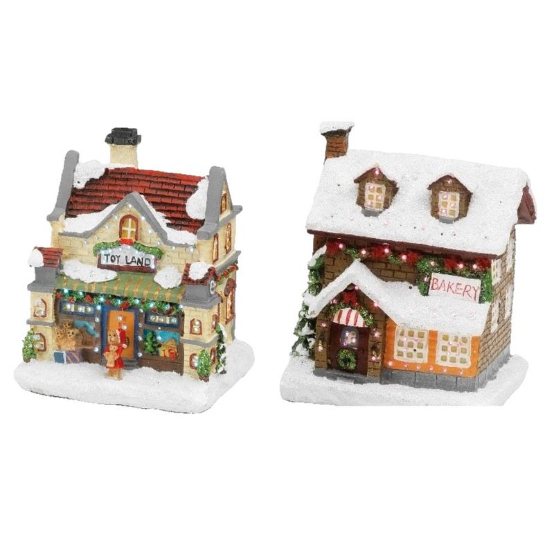 Foto van Set van 2x stuks kerstdorp kersthuisjes bakkerij en speelgoedwinkel met verlichting 12,5 cm - kerstdorpen