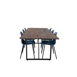 Foto van Padang eethoek eetkamertafel teakhout en 6 arctic eetkamerstal blauw, zwart.