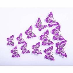 Foto van Cake topper decoratie vlinders of muur decoratie met plakkers 12 stuks paars - 3d vlinders - vl-01