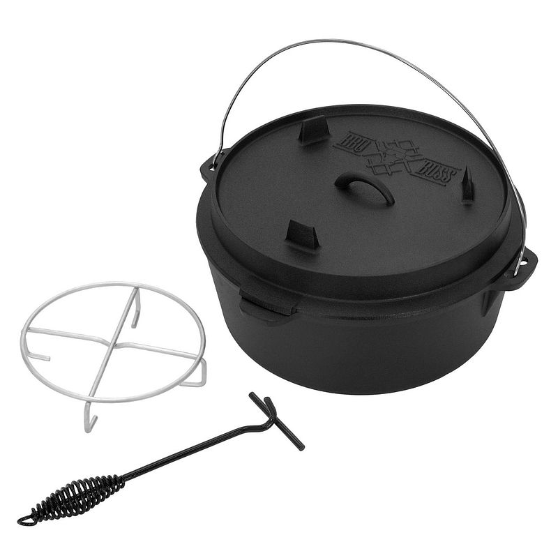 Foto van Dutch oven set bbq 13.6l zwart gietijzer met dekselheffer en onderzetter bbq#boss