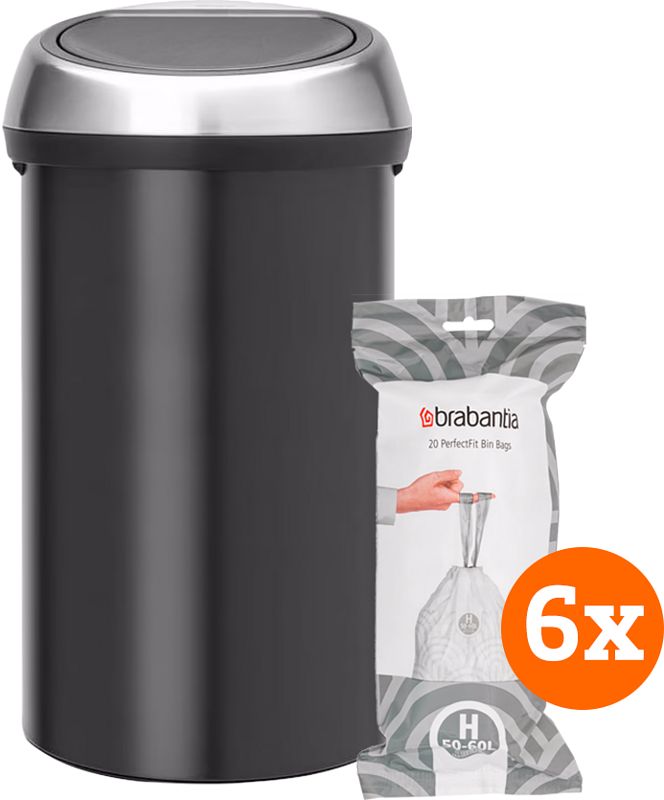 Foto van Brabantia touch bin 60 liter matt black fingerprint proof + vuilniszakken (120 stuks)