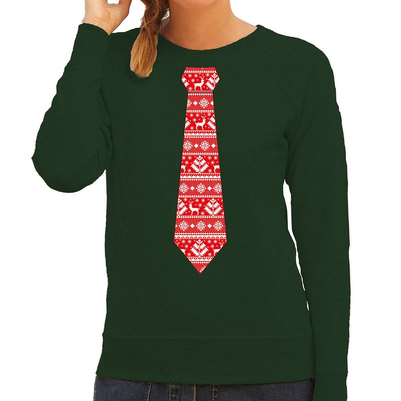 Foto van Stropdas kersttrui/kerst sweater kerstpatroon groen voor dames 2xl - kerst truien