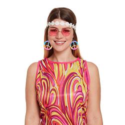 Foto van Hippie verkleed accessoire set met haarband roze bril en oorbellen - verkleedsieraden
