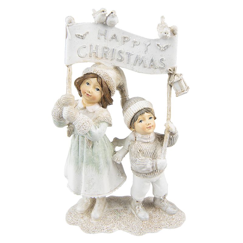 Foto van Clayre & eef beeld kinderen 23 cm beige kunststof happy christmas kerstdecoratie beeld decoratie decoratieve