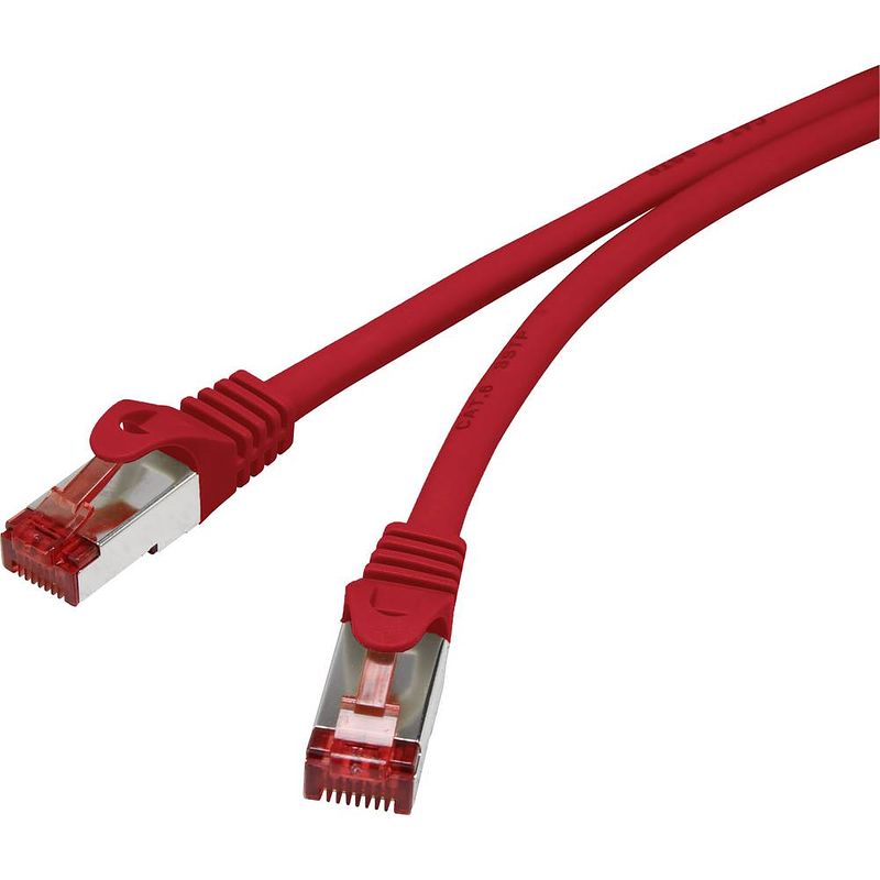 Foto van Renkforce rf-3432086 rj45 netwerkkabel, patchkabel cat 6 s/ftp 15.00 cm rood snagless, vergulde steekcontacten, vlambestendig 1 stuk(s)