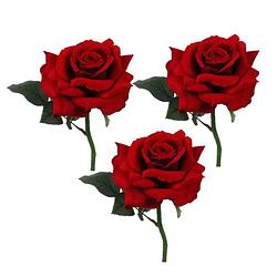 Foto van 3x stuks valentijn thema feestartikelen kunstbloem rode roos/rozen deluxe 31 cm - kunstbloemen