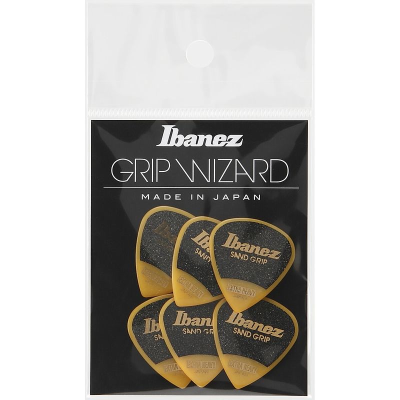 Foto van Ibanez ppa16xsgye grip wizard sand grip plectrumset 6-pack extra heavy geel