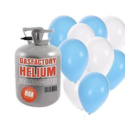 Foto van Jongen geboren helium tankje met blauw/witte ballonnen 30 stuks - heliumtank