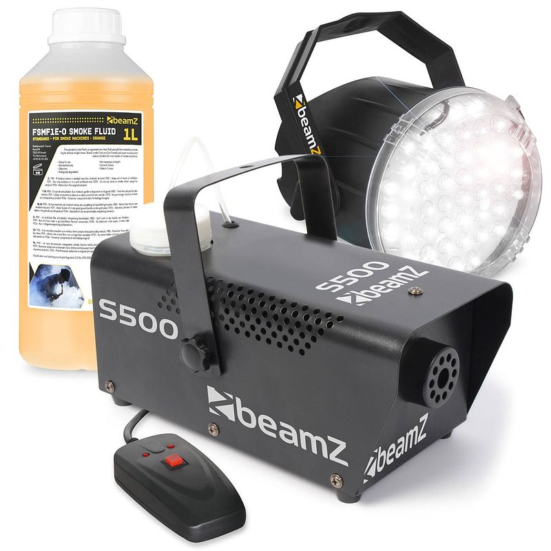 Foto van Rookmachine en stroboscoop - beamz led stroboscoop + s500 rookmachine 500w met extra 250ml rookvloeistof (500ml totaal)