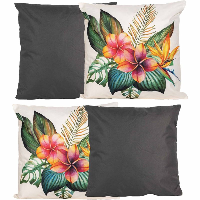 Foto van Bank/tuin kussens set - voor binnen/buiten - 4x stuks - antraciet/tropical print - 45 x 45 cm - sierkussens