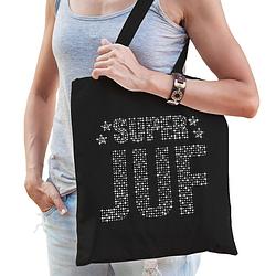 Foto van Glitter super juf katoenen tas zwart rhinestones steentjes voor dames - feest boodschappentassen