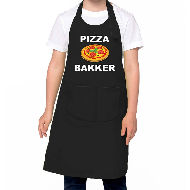 Foto van Pizza bakker schort/ keukenschort zwart voor jongens en meisjes - bakken met kinderen - feestschorten