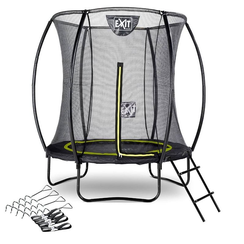 Foto van Exit - trampoline met veiligheidsnet, verankeringsset en ladder - op poten - silhouette - rond - ø183cm - zwart