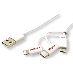 Foto van Roline usb-kabel usb 2.0 usb-a stekker, apple lightning stekker, usb-micro-b stekker, usb-c stekker 1.00 m wit afgeschermd 11.02.8329