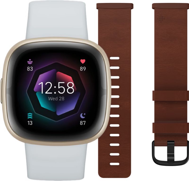 Foto van Fitbit sense 2 blauw/goud + leren bandje bruin s