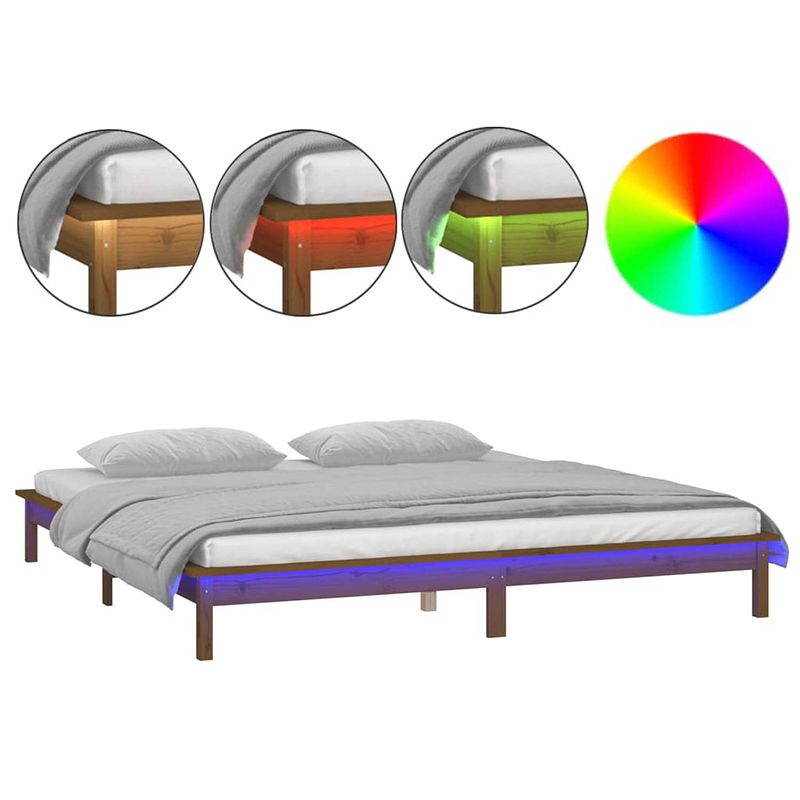 Foto van The living store bedframe grenenhout led-verlichting - 202 x 151.5 x 26 cm - rgb led - honingbruin - geschikt voor 140