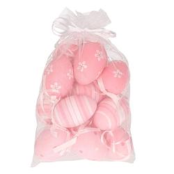 Foto van Set van 12x stuks paaseitjes roze in organza zakje 6 cm - feestdecoratievoorwerp