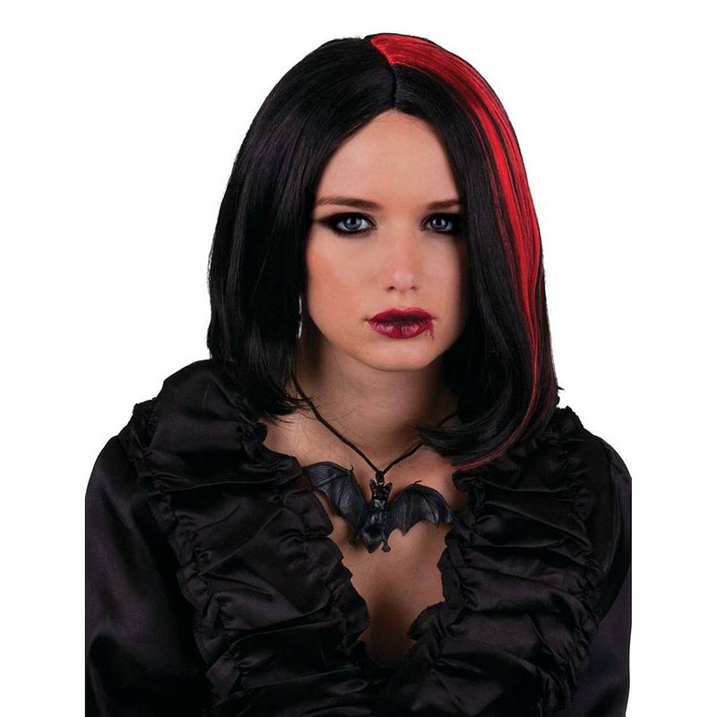 Foto van Funny fashion heksen/vampier pruik kort haar - zwart/rood - dames - halloween - verkleedpruiken