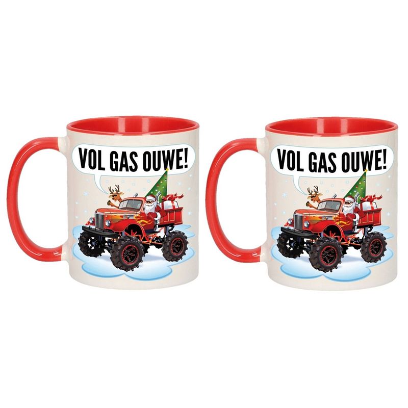 Foto van 2x stuks kerstmis cadeau mokken monstertruck vol gas ouwe 300 ml - bekers