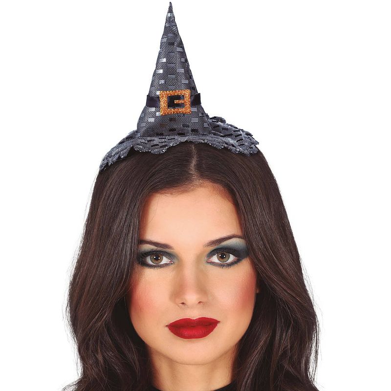 Foto van Halloween heksenhoed - mini hoedje op diadeem - one size - zilver - meisjes/dames - verkleedhoofddeksels