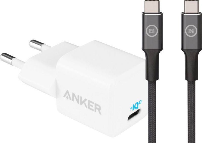 Foto van Anker power delivery oplader 20w wit + bluebuilt usb c kabel 1,5m nylon zwart