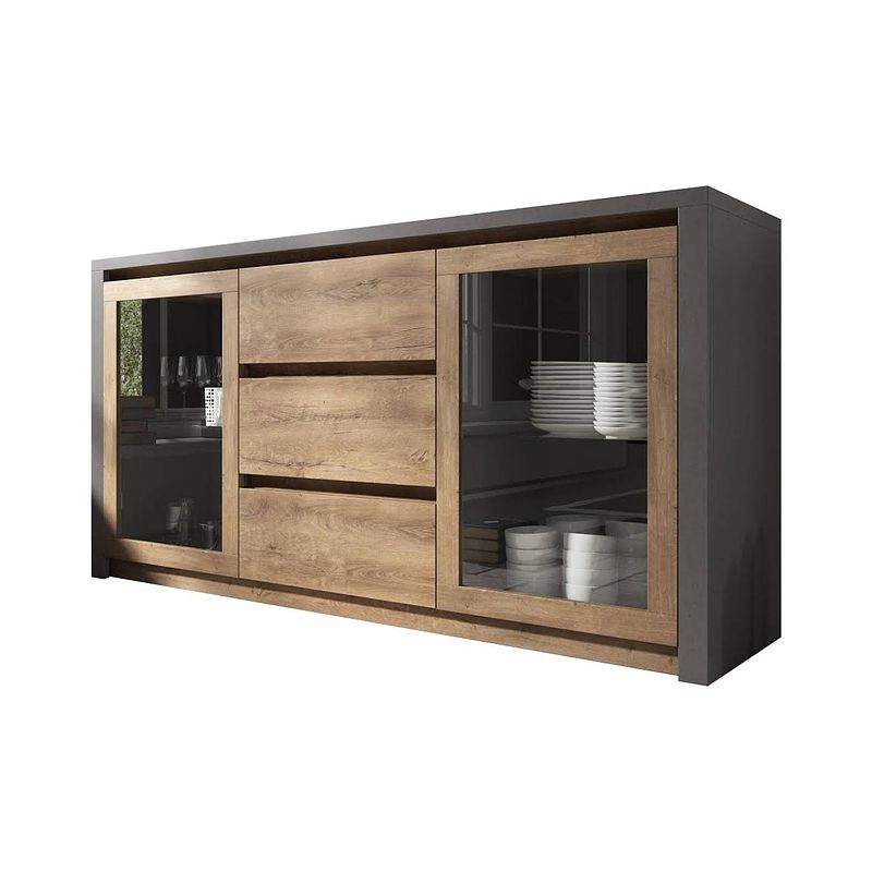 Foto van Meubella - dressoir monaco - eiken - grijs - 140 cm - met glas