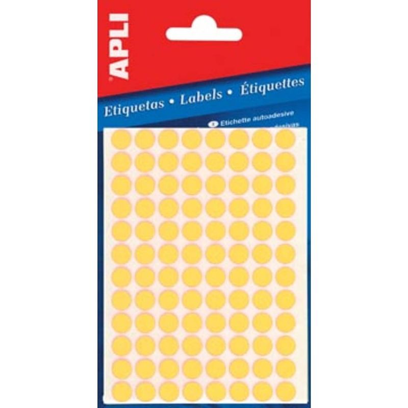 Foto van Apli ronde etiketten in etui diameter 8 mm, fluo geel, 288 stuks, 96 per blad (2079)