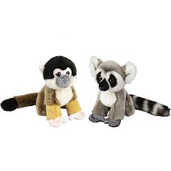 Foto van Apen serie zachte pluche knuffels 2x stuks - ringstaart maki en squirrel aapje van 18 cm - knuffel bosdieren