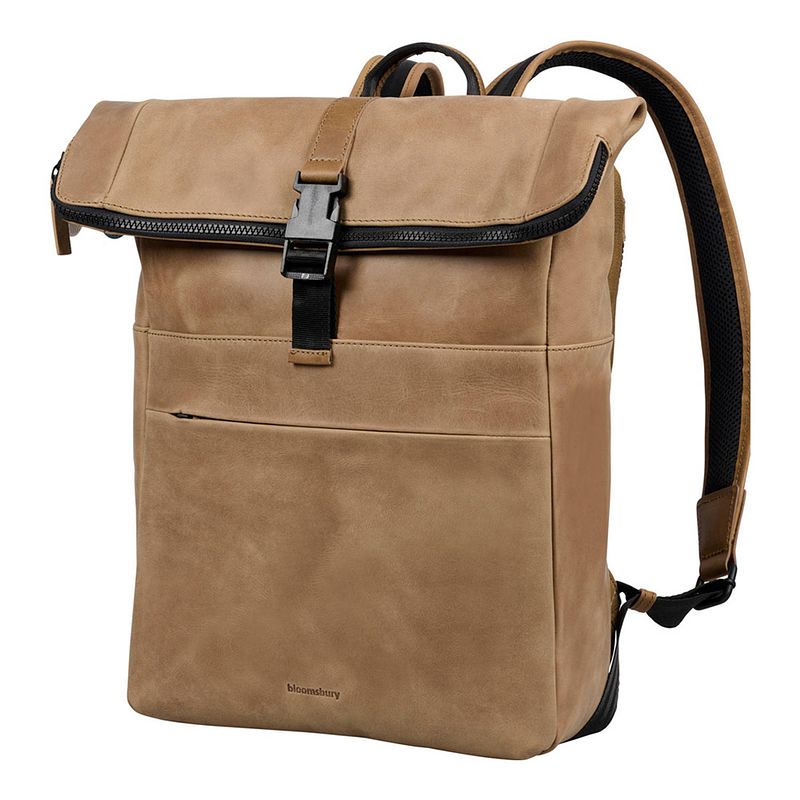 Foto van Bloomsbury leren rolltop 14 inch laptop rugtas - unisex rugzak - dames en heren - echt leer - zandbruin