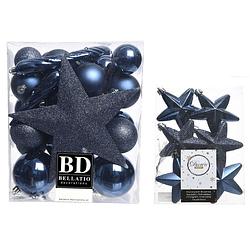 Foto van Kerstversiering kunststof kerstballen met piek donkerblauw 5-6-8 cm pakket van 39x stuks - kerstbal